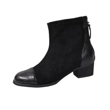 Imagem de Botas femininas modernas casuais de inverno com emenda bico redondo zíper traseiro salto grosso para estilo de salto médio, Preto, 34