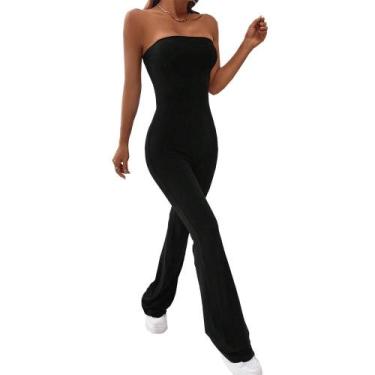 Imagem de Macacão Feminino Slim Fit Com Corpete, Cor Sólida, Calças Flare Que Le