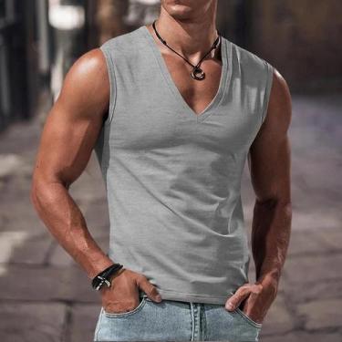 Imagem de Camiseta Sem Mangas Masculina De Verão Em Cor Sólida Com Decote Em V R
