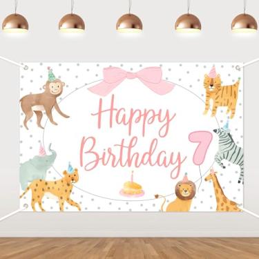 Imagem de Pano de fundo de aniversário de animais de safári rosa para meninas, animais de zoológico da selva com tema de laço, decorações de festa de 7º aniversário, fundo de fotografia de vinil para animais
