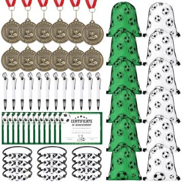 Imagem de Kenning Conjunto de 12 medalhas de prêmio de futebol com fitas certificados de prêmio de conquista de futebol canetas esferográficas retráteis sacos de cordão pulseiras a granel para lembrancinhas de