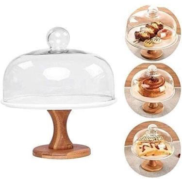 Imagem de Prato de suporte de bolo com base de madeira com cúpula de vidro, tampa de poeira transparente de cerâmica, cobertura de preservação de alimentos de cozinha, prato de servir multifuncional (tamanho