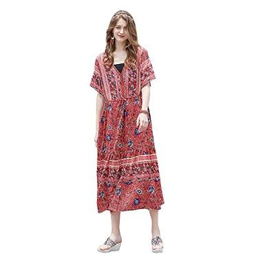 Imagem de 3FLQOOPP Conjunto de vestido maxi casual boho vintage feminino plus size manga curta cintura elástica roupas europeias vestido floral (vermelho 2X)