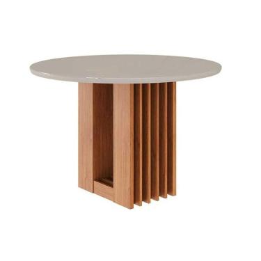Imagem de Mesa Multiuso Cozinha Ariela c/ Tampo Madeirado Redondo c/ Vidro 109x109cm Cinamomo/Off White - Cimol