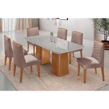 Imagem de Mesa Cozinha Maldivas c/ Tampo Madeirado c/ Vidro Canto Curvo 180x90cm e 6 Cadeiras Maldivas Naturale/Off White - Linho Capuccino-Rufato