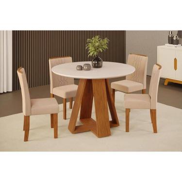 Imagem de Conjunto: Mesa Sala Jantar Celeste c/ Tampo Madeirado c/ Vidro Redondo 103x103cm e 4 Cadeiras Zoe Freijo/Off White - Suede Creme - DJ Móveis