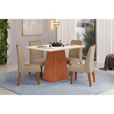 Imagem de Conjunto: Mesa de Cozinha Dulce c/ Tampo Madeirado c/ Vidro Reto 120x90cm e 4 Cadeiras Ondina Freijo/Off White - Linho Bege - DJ Móveis
