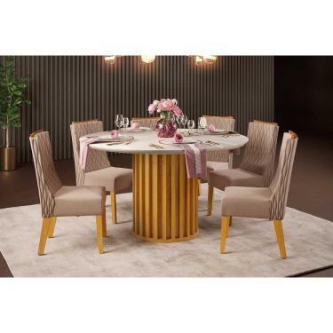 Imagem de Conjunto: Mesa de Cozinha Viena c/ Tampo Madeirado c/ Vidro 136x136cm e 6 Cadeiras Jade Cedro/Off White - Suede Kraft - DJ Móveis