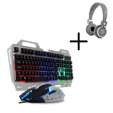 Imagem de Teclado Semi Mecânico e Mouse Óptico Gamer Led com fio Knup KP2054  Cor: Cinza + Fone Bluetooth