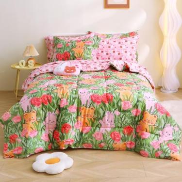 Imagem de Mooreeke Jogo de lençol casal para meninas e crianças, 8 peças, lençol em uma bolsa, floral, coelho fofo, com fronhas e travesseiro decorativo, microfibra ultramacia