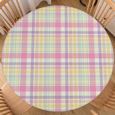 Imagem de Toalha de mesa redonda xadrez de Páscoa com elástico de primavera pastel toalha de mesa decorativa para férias, lavável, sazonal, rosa, decoração quadriculada, capa de mesa, cozinha ao ar livre