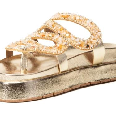 Imagem de Papete Flatform Feminina com Pedras Naturais, Preta, Dourada e Verde, Couro Sintético, Plataforma 3.5cm, Tiras Decoradas, Casual e Elegante (Dourado, BR, Adulto, Numérico, 40)