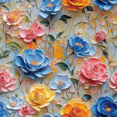 Imagem de Papel de parede floral, vinil autoadesivo, cobertura de parede decorativa removível, design de flores texturizadas coloridas para quarto, sala de estar, 43 x 38 cm