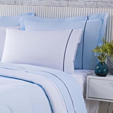 Imagem de Kit Edredom 100% Algodão Percal 150 Fios Dupla Face Queen + Jogo De Cama 7 Peças - Azul-branco