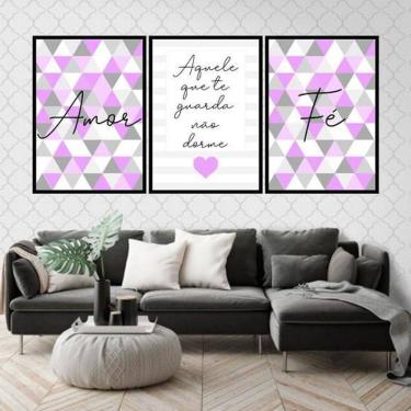 Imagem de Kit 3 Quadros Decorativos Fé E Amor Geométrico 34x23cm