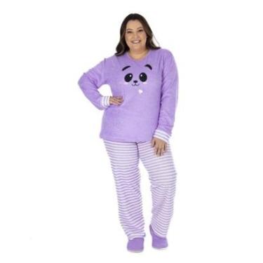 Imagem de Pijama De Frio Feminino Plush Victory Roupa De Dormir Blusa Manga Longa Calça Listrada Quentinho-Feminino