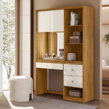 Imagem de Penteadeira Camarim Escrivaninha Multiuso Lume com Espelho e LED Freijó Off White Moval