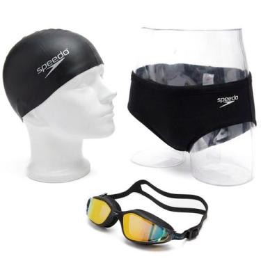 Imagem de Kit Natação Speedo Sunga Óculos Poseidon e Touca Swim Cap, Preto, M