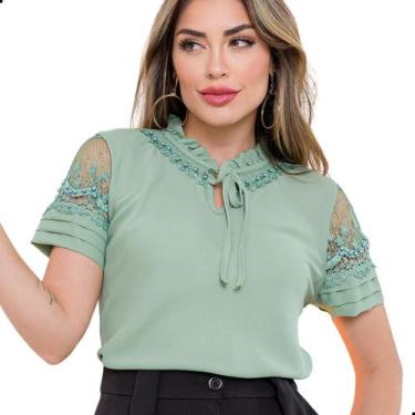 Imagem de Blusa Social Evangélica Feminina Guipir Renda Gola Pérolas Cor:Verde c