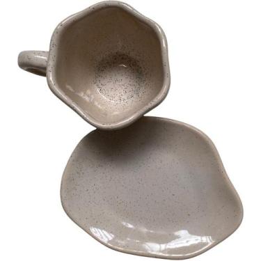 Imagem de Xícara de chá c/ pires de cerâmica orgânico branco areia - haifa colle