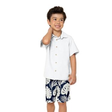 Imagem de Conjunto Meninos Linho Camisa Branca e Bermuda Folhas Azul Marinho Mil