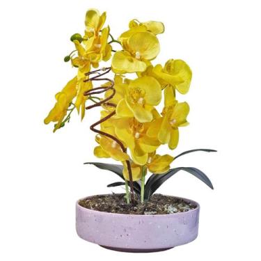 Imagem de Vaso Cerâmica Cumbuca Rosa Lilás Arranjo Orquídeas Amarelas - M3 Decor