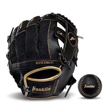 Imagem de Franklin Sports Conjunto de luvas e bola de tebol da Meshtek – Luva de tebol e espuma de beisebol – Preto/Dourado – 24 cm para mão direita