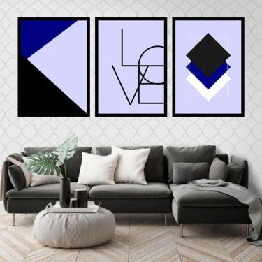 Imagem de Kit 3 Quadros Decorativos Love Geométrico Azul Escuro
