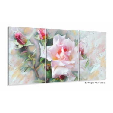 Imagem de Quadro Flor Rosa Branca Sala Quarto Em Tecido 120x60 3 peças