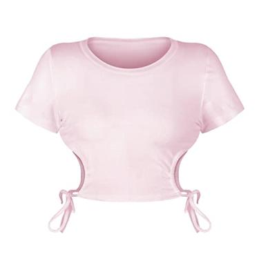 Imagem de Camiseta feminina sexy com gola redonda e manga curta com amarração lateral (Color : Pink, Size : XL)