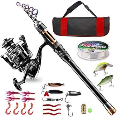 Imagem de BlueFire Kit de vara de pesca, vara de pesca telescópica de fibra de carbono e carretel com molinete giratório, linha, isca, ganchos e bolsa de transporte, conjunto de equipamentos de pesca para iniciantes adultos água salgada (2,1 m)