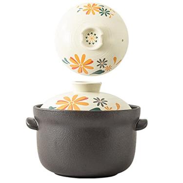 Imagem de QWERTYUI Caçarola de cerâmica com tampa, panela de argila estilo japonês panela de sopa redonda resistente ao calor panelas de cerâmica para cozinha e cozinhar, forno, lava-louças e micro-ondas, flor, 4,5 l