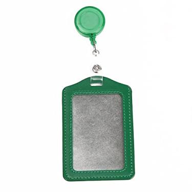 Imagem de Porta-cartão de identificação vertical de couro PU com cordão retrátil para homens e mulheres escolares de escritório (verde)