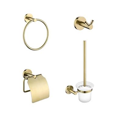Imagem de Conjunto de ferragens de banheiro redondo em ouro escovado anel de toalha de metal cinza cabide de roupão gancho de roupão de escova higiênica suporte de papel de banheiro acessórios, conjunto de 4 peças ouro