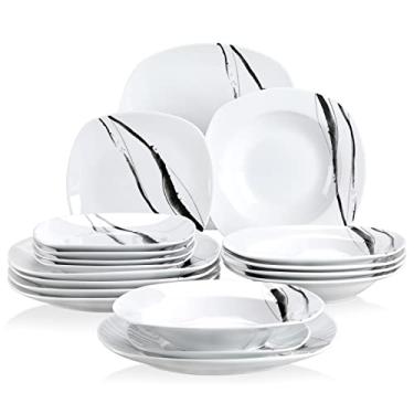 Imagem de VEWEET Conjunto de pratos de jantar de cerâmica com 18 peças, padrões de linha, conjuntos de pratos quadrados brancos com prato de jantar, prato de sopa, prato de sobremesa, serviço para 6 (série TERESA)