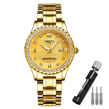 Imagem de Relógios femininos diamante luxo ouro prata senhoras moda clássica analógico quartzo impermeável vestido inoxidável luminoso dia data esposa presentes relógio de pulso NIBOSI, L2357Gold, Clássico