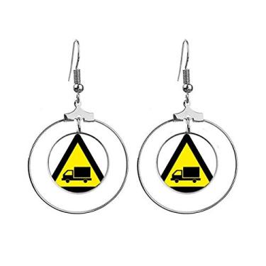 Imagem de Símbolo de aviso amarelo preto caminhão triângulo brincos pendentes joia círculo gota