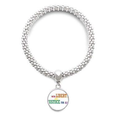 Imagem de DIYthinker LGBT Pulseira de prata com pingente de bandeira do arco-íris Liberdade e Justiça Bracelete ajustável