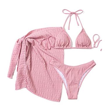 Imagem de Traje de Banho Feminino, maiô de 3 Peças, Cor Pura, Costas Nuas, Plissado, Copos Triangulares, Almofadas Removíveis, Gola V Com Saia de Praia para Praia e Piscina (M)