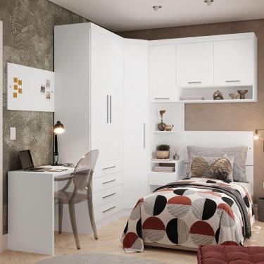 Imagem de Quarto De Canto Solteiro Com Guarda Roupas Cabeceira E Escrivaninha Alpes Luciane Móveis Branco Pf Com Branco Pf