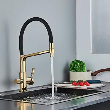 Imagem de Filtro torneira da cozinha bico preto misturador de água potável rotação 360 graus purificação água quente e fria característica torneira, dourado