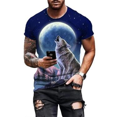 Imagem de Camiseta masculina com estampa 3D de lobo animal novo verão personalidade lobos manga curta Harajuku Punk Rock Tops, Azul marinho, XXG