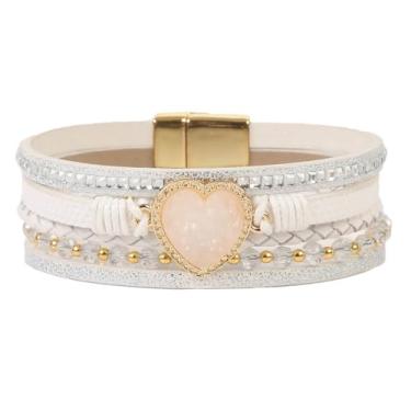 Imagem de AZORA Pulseira feminina de couro barroco pérola envolvente pulseiras lindas pulseiras de ouro feitas à mão, joias boêmias, presente para mulheres, 7.7 inches, Couro, Quartzo