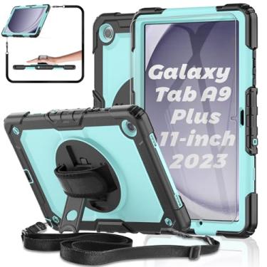 Imagem de Capa para tablet Samsung Galaxy Tab A9+ Plus 27.9 cm 2023 [com película de vidro temperado], capa BASE MALL à prova de choque, suporte giratório de 360°/S caneta/alça de ombro e mão (azul celeste)