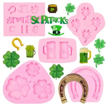 Imagem de 5 moldes de silicone para o Dia de São Patrício, formas de fondant de trevo de quatro folhas, chapéu irlandês, barba, cerveja, ferradura, chocolate, moldes para decoração de bolo, topo de cupcake,