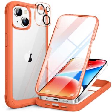 Imagem de Miracase Capa Glass Series projetada para iPhone 14 Plus de 6,7 polegadas, capa protetora transparente de corpo inteiro atualizada 2023 com protetor de tela de vidro temperado 9H integrado e protetor de lente de câmera, laranja