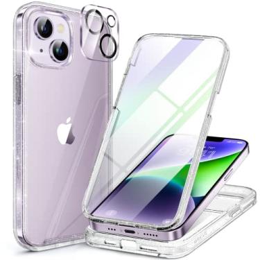 Imagem de Miracase Capa de vidro projetada para iPhone 14 Plus 6,7 polegadas, 2022 Upgrade capa transparente com protetor de tela de vidro temperado 9H integrado e 2 peças de protetor de lente de câmera, transparente com glitter