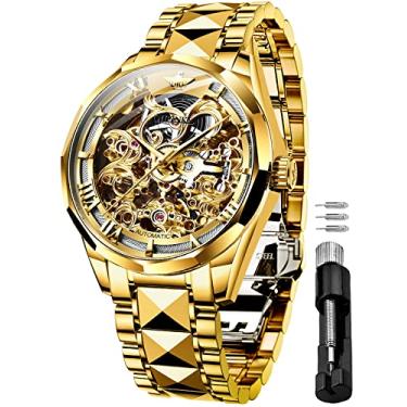 Imagem de Relógio de pulso masculino de esqueleto da OUPINKE, mecânico de luxo com corda automática, cristal de safira, impermeável, pulseira de aço de tungstênio, Dourado, Mecânico