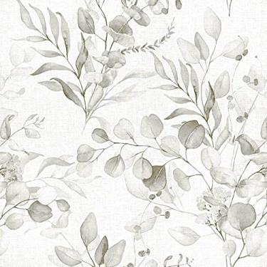 Imagem de Naphite Papel de parede floral descasque e cole papel de parede para quarto cinza floral boho papel de contato para armários gaveta autoadesivo removível fazenda papel de contato folha de eucalipto