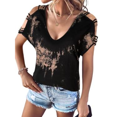 Imagem de Remidoo Camiseta feminina com recorte em escada, manga curta, gola V, Preto, castanho, XXG